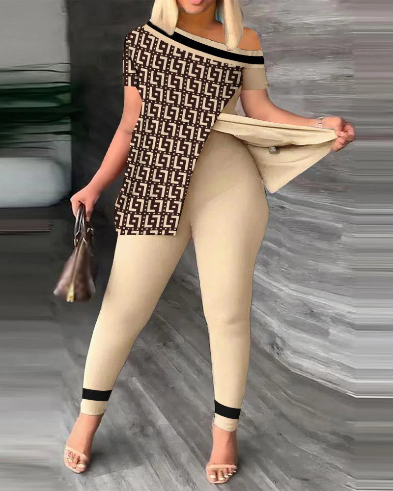 2 Piece Fashion Printed Ruffle Sleeve Pants Set