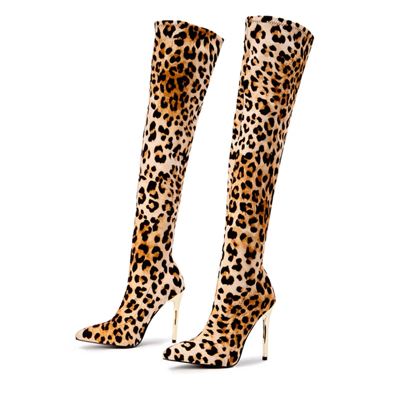 Aneikeh Over Knee Long Boots Sexy Leopard Fetish Strip Pole Dance Pointed Toe Thin Heels Ladies Shoes 2025 Spring Botas De Mujer