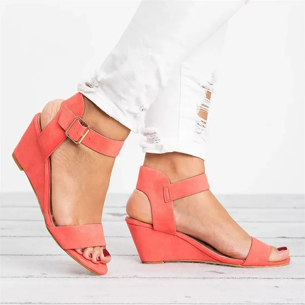 Low Wedge Buckle Strap Suede Sandals
