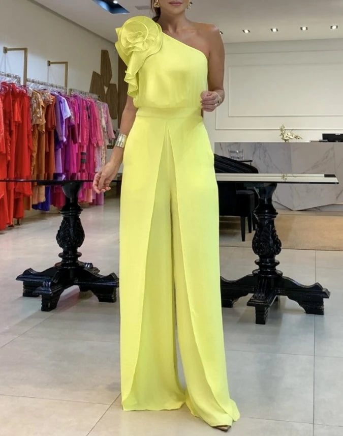 Fashion One Shoulder Ruffles Sleeveless Waist Jumpsuit