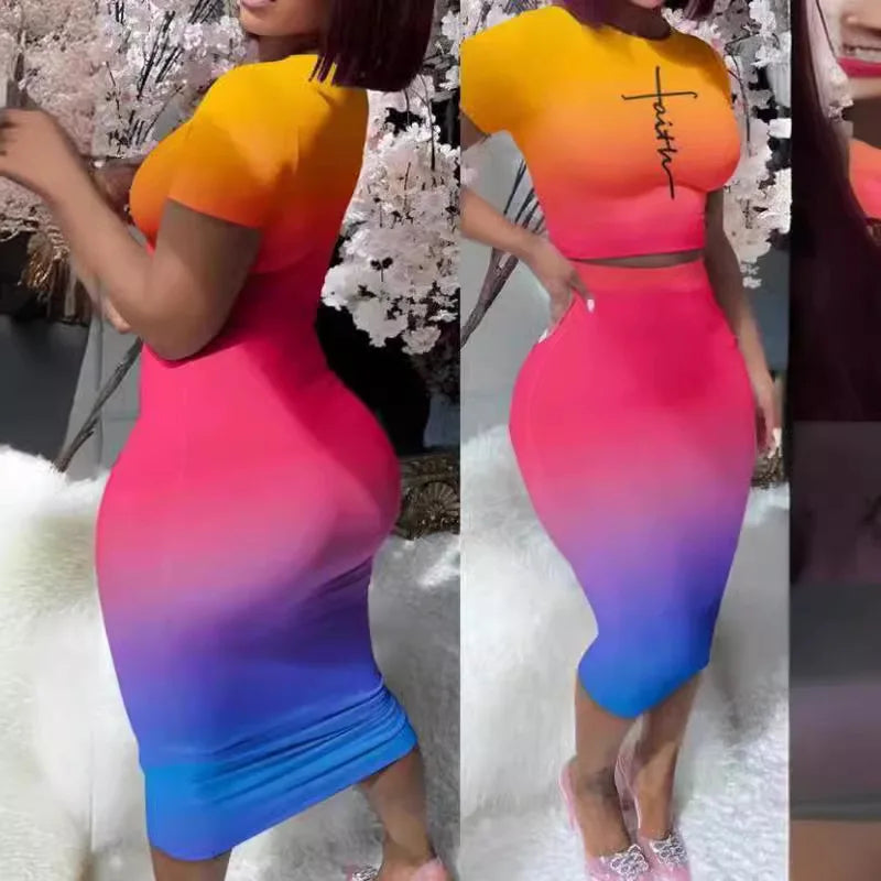 2 Piece Short Sleeve & High Waist Skirt Set