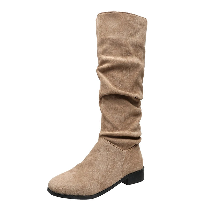 Pleated Boots Women Faux Suede Flock Knee High Boots 2024 Winter Women Fashion Slip on Square Low Heel Knight Booties Mujer 202