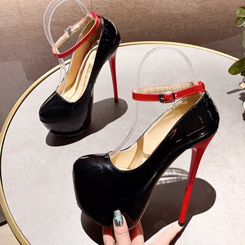 Eilyken 2025 New Sexy Extreme Thin High Heels Women Pumps Elegant Round Toe Buckle Strap Banquet Pole Dancing Sandals Shoes