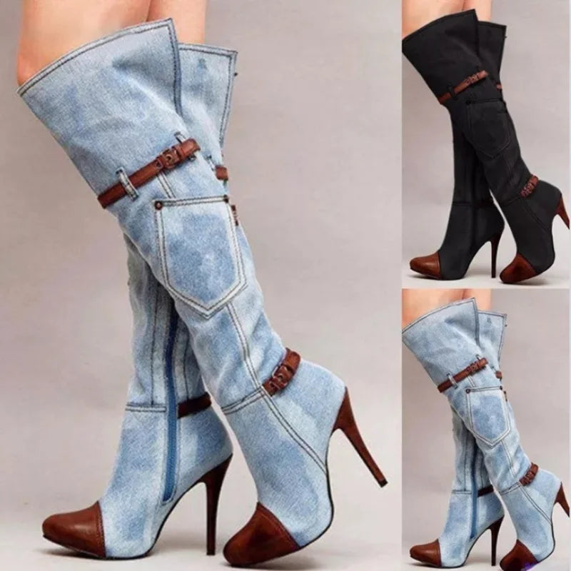 Fashionable Knee High Denim High Heel Boots