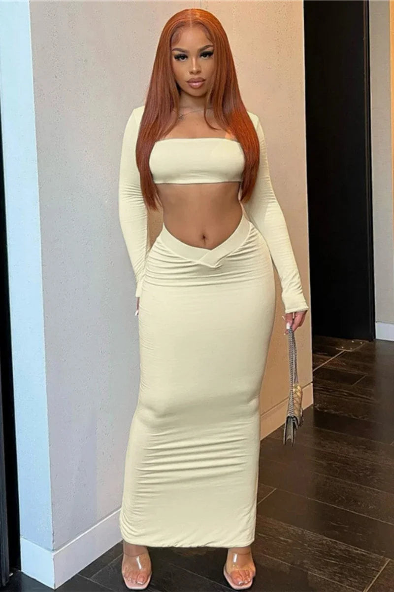 2 Piece Sets Women Outfits Casual Conjuntos Feminino Elegante Square Collar Crop Top Slim Skirt Long Sleeve Ensembles De Jupes