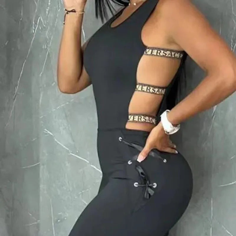 Women's Hollow Out Jumpsuit Summer Clothes Sleeveless Sexy Ladder Yoga Seamless Gym Skinny Casual Daily Long Jumpsuit