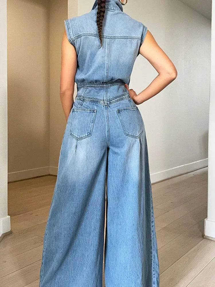 Streetwear Denim Jumpsuit Women Jean Overalls Sleeveless Elegant Turn-Down Collar Single Breasted Vintage One Pieces Rompers