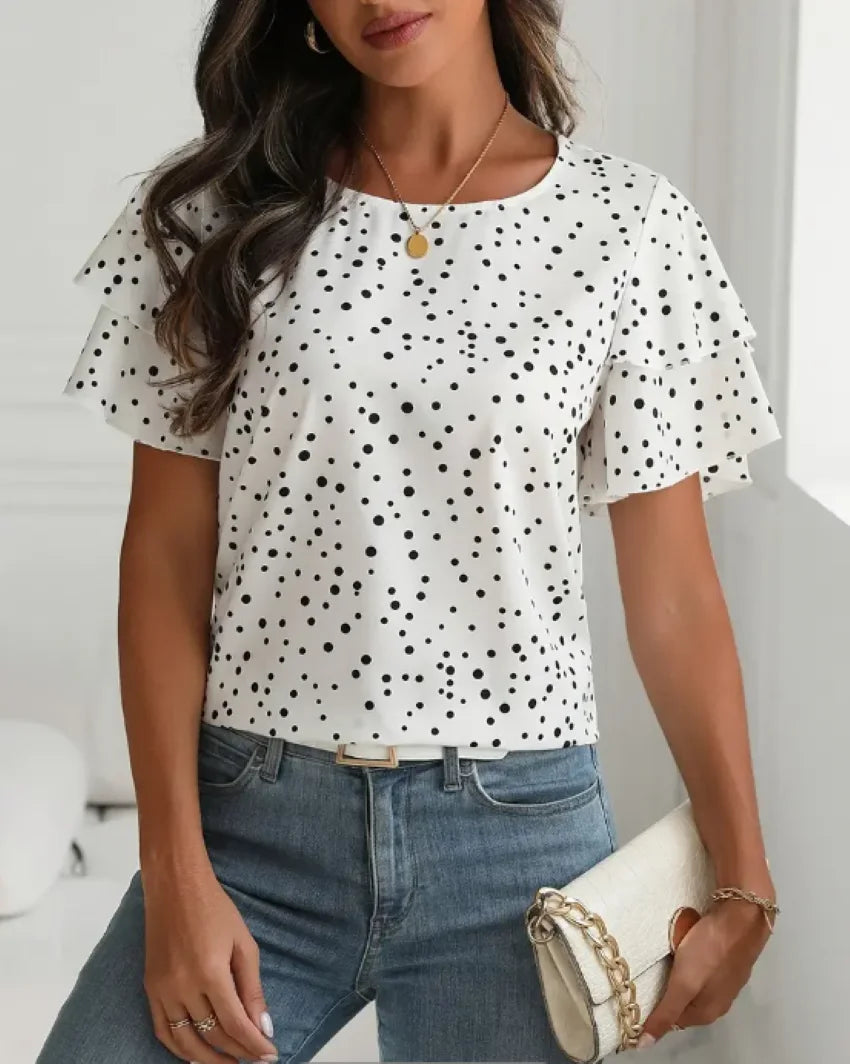 Plus size summer women's printed polka dot lotus leaf sleeve comfortable casual versatile T-shirt