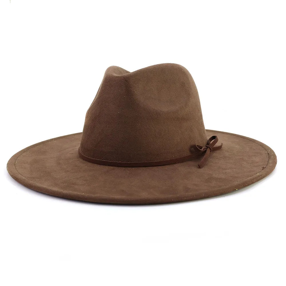 Suede fedora hat with same color accessories teardrop top wide brim hat for men and women Panama hat chapeau homme sombrero