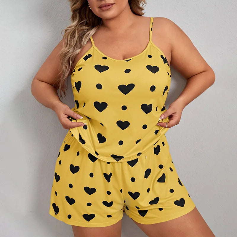 Sur plus size heart print women pajama set sleeveless XL XXL XXXL elastic waist shorts 2 pieces female sleepwear nightwear