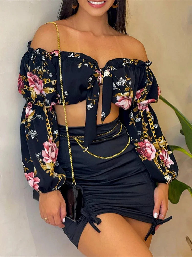 Sexy 2 Piece Lantern Crop Top & Skirt Set