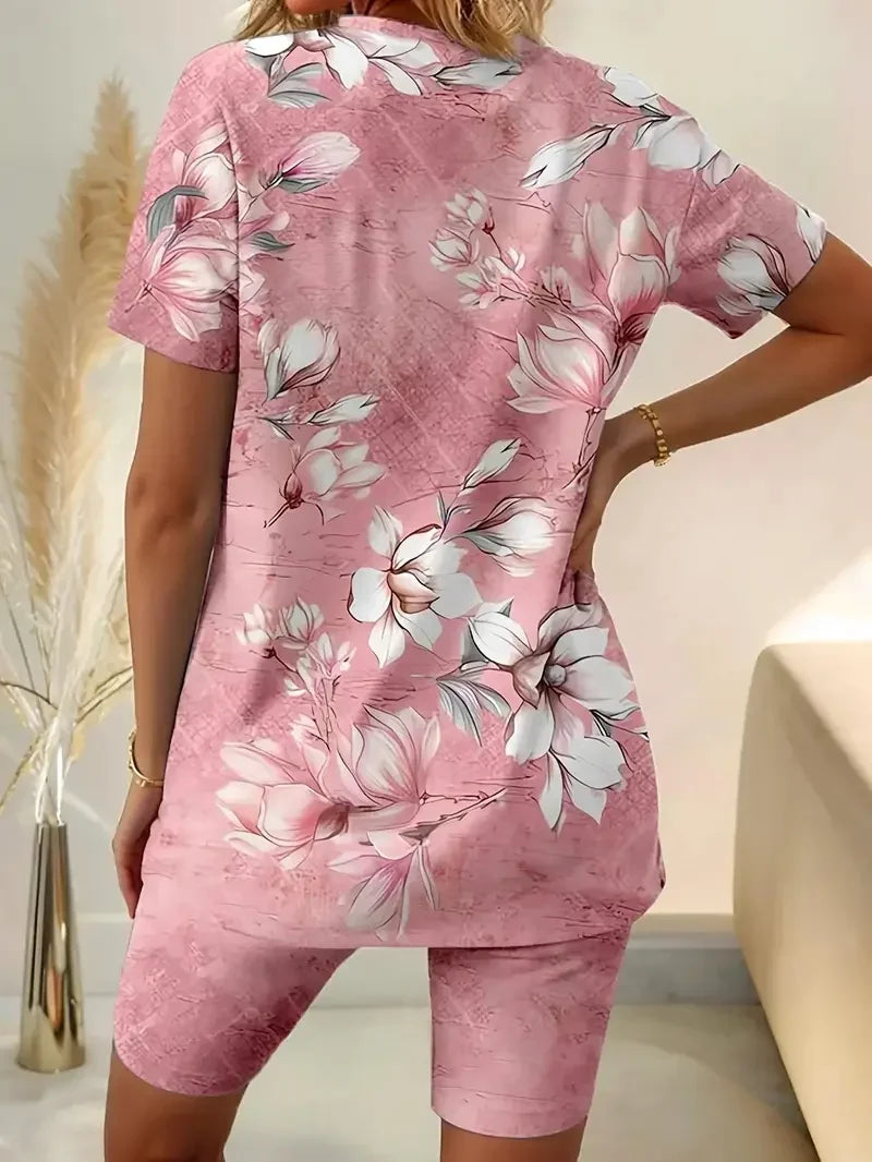 Plus Size 1XL-5XL Women Fashion Floral Print Two Piece Set Outfit Ladies Casual Short Sleeve Crew Neck T-Shirt & Shorts Outfit