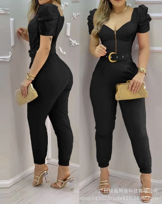 Women Urban Style Jumpsuit 2024 Spring Summer Latest Temperament British V-Neck Bubble Sleeves Romper Long Pants Tight Bodysuit