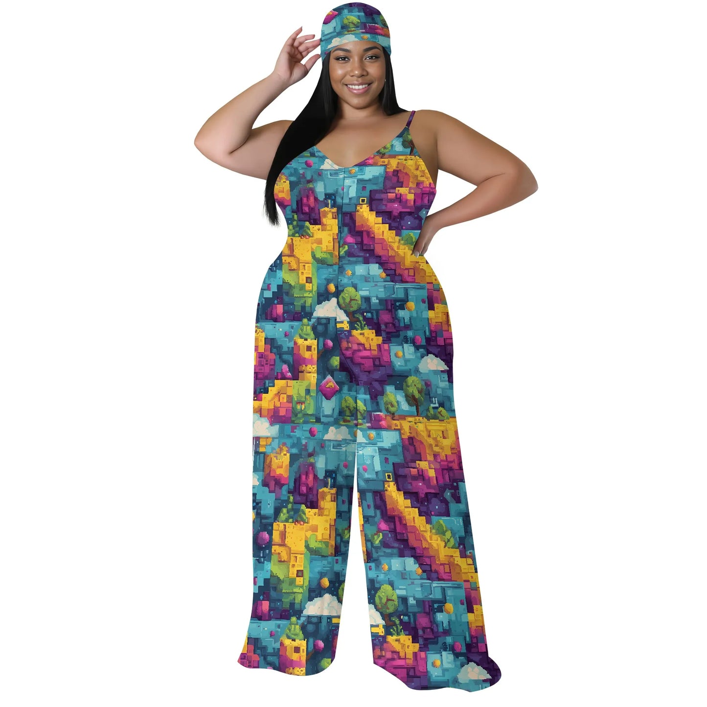 Plus Size Graphic Jumpsuit Colorful Pixel Landscape Print Wide Leg Sleeveless Romper for Women