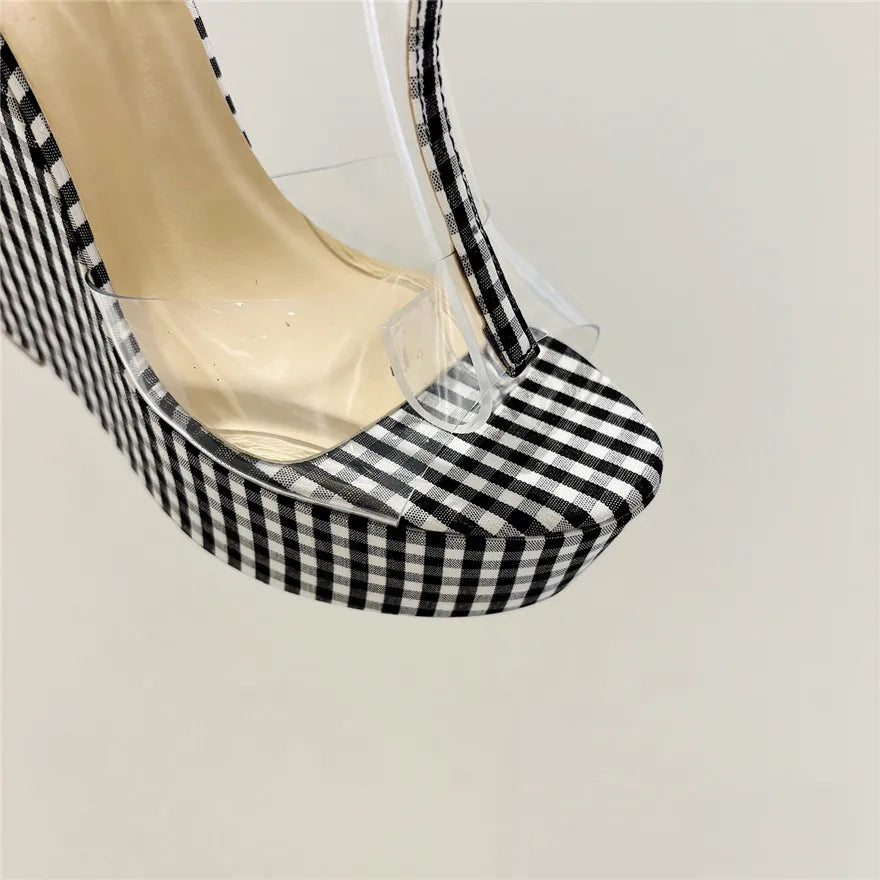 Plaid Fabric Platform Women Sandals 2025 Sexy Transparent PVC Open Toe High Heels Pumps Ankle T-Buckle Bohemia Wedge Shoes Woman