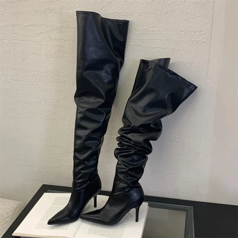Eilyken Sexy Thin High Heels Pointed Toe Women Over-The-Knee Boots Street Style Stripper Motorcycle Long Booties Winter Shoes