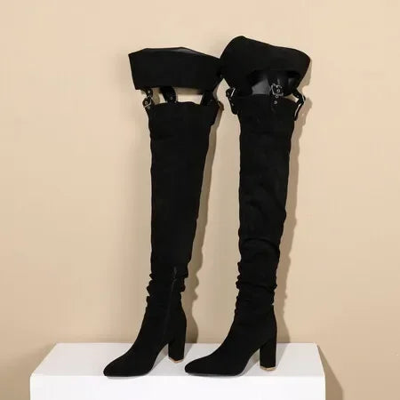 2024 New Suede High Heels Sexy Buckle Strap Thigh High Boots NightClub Stage Over-the-Knee Long Booties 8.5CM Fetish Women Shoes