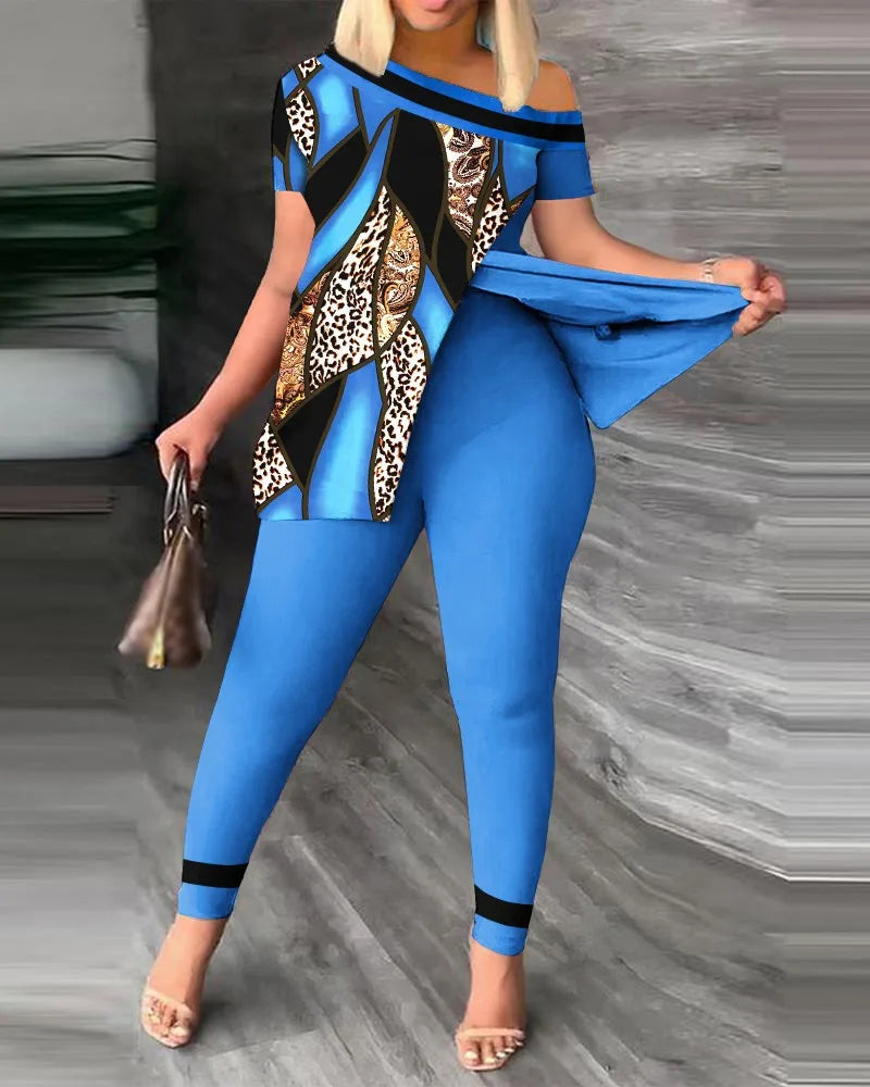2 Piece Fashion Printed Ruffle Sleeve Pants Set