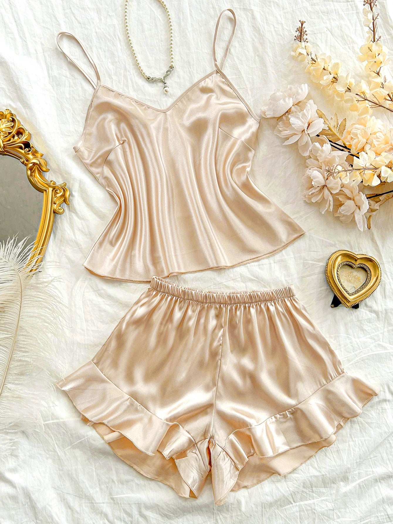 Plus Size Women's Fashion Sexy V-neck halter top with ruffled Shorts Pajama Set 2pcs