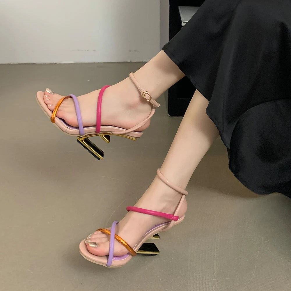 Aneikeh Summer Fashion Fretwork Heels Cross Striped Color Blocked High-heeled Sandals Women Ankle Buckle Strap Gladiator Shoes