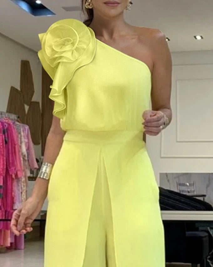 Fashion One Shoulder Ruffles Sleeveless Waist Jumpsuit