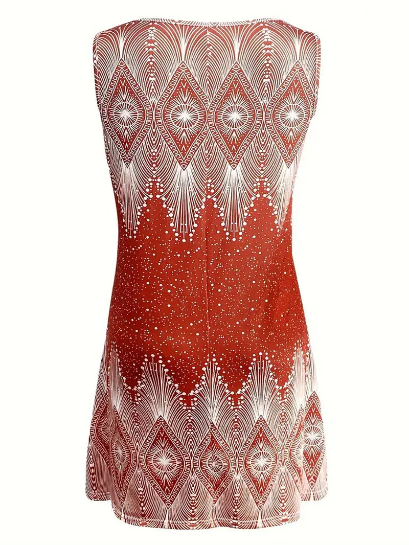 Plus-size women's summer sleeveless V-neck retro printed elegant dress