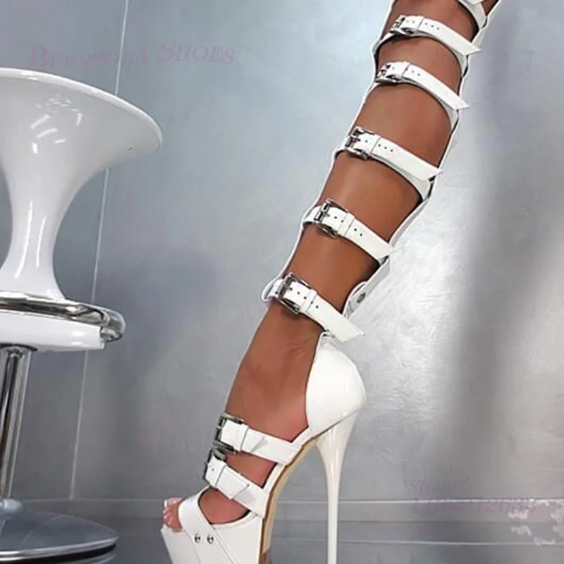 Black Belt Buckle Striped Hollow Mesh Sandals Women White Metal Buckle Platform Open Heels Back Full Zipper Cover Dance Shoes