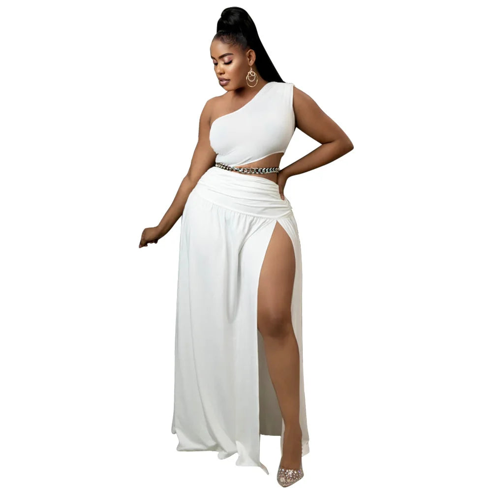 One Shoulder Top Side Split Skirt 2 Pieces Set