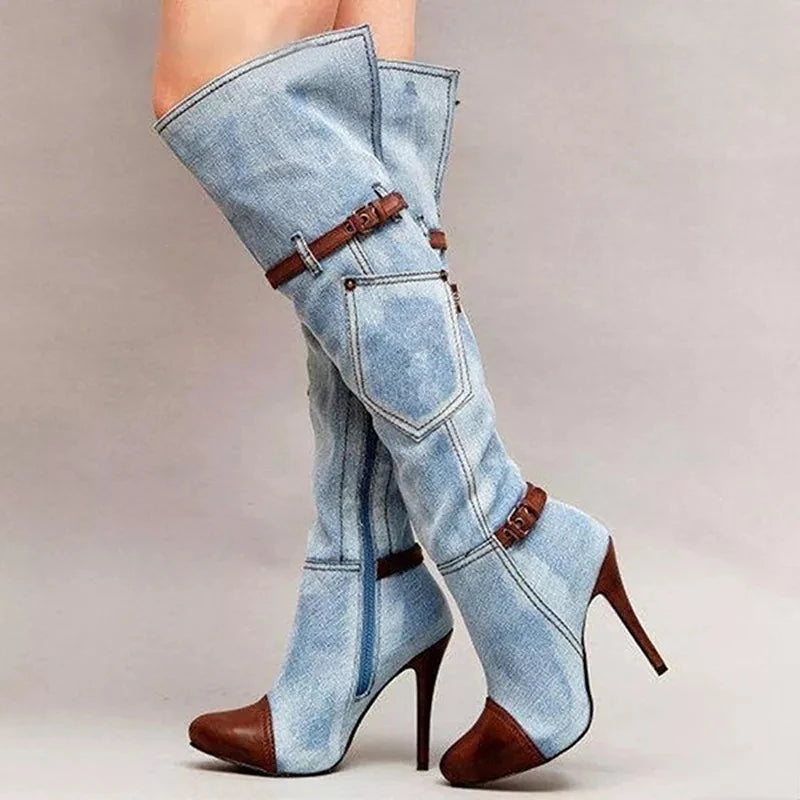 Fashionable Knee High Denim High Heel Boots
