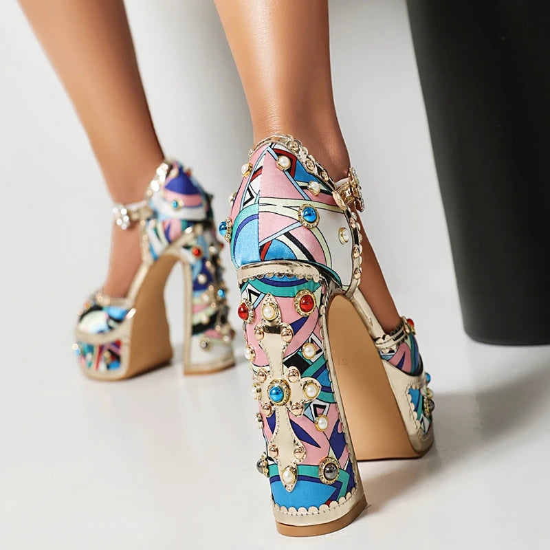 Diamond Pearl Flower Thick Sole Waterproof Platform High Heel Open Toe Heel