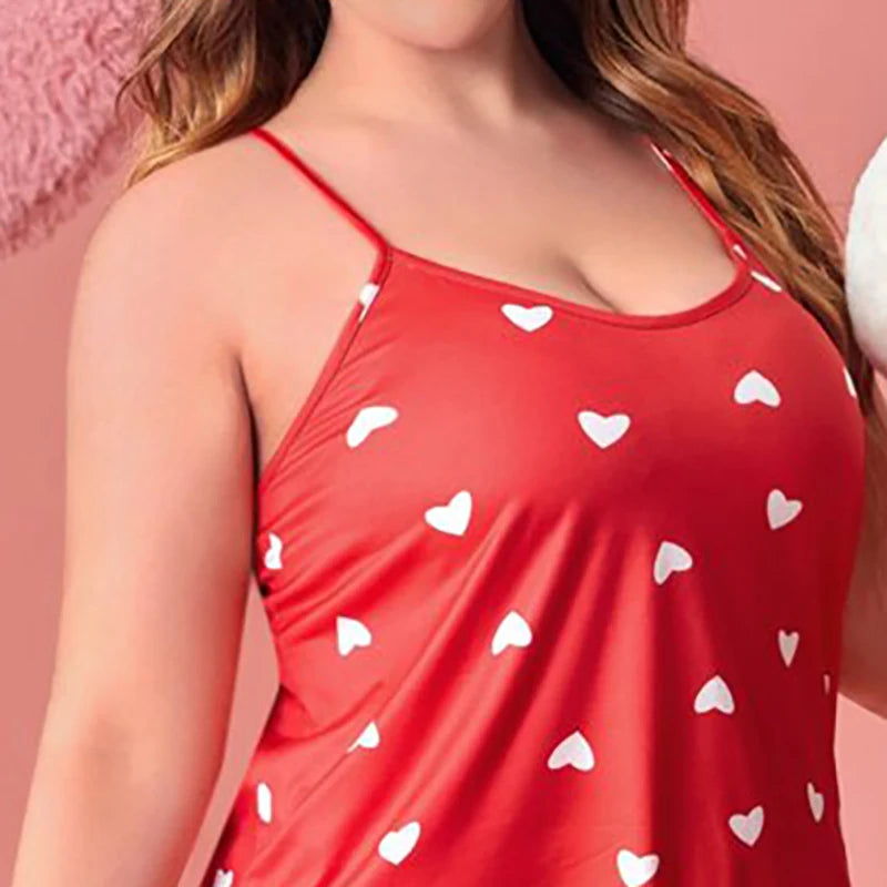 Plus-Size XL-5XL Women Pajama Set Nightgowns Cami Shorts Nightclothes Sleeveless Nightwear Red Love Print Soft Sleepwear Summer