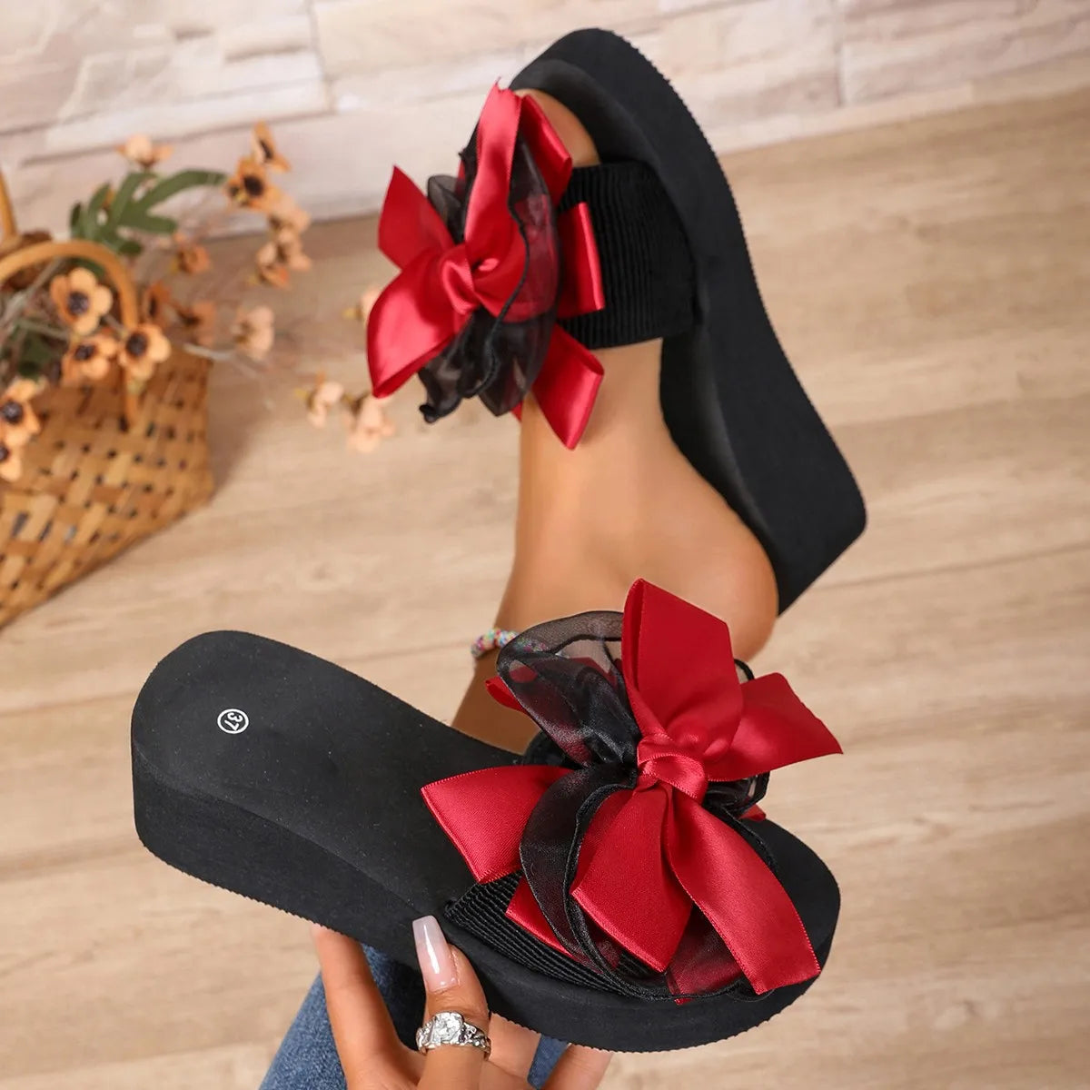 Top Bow Wedge Slippers