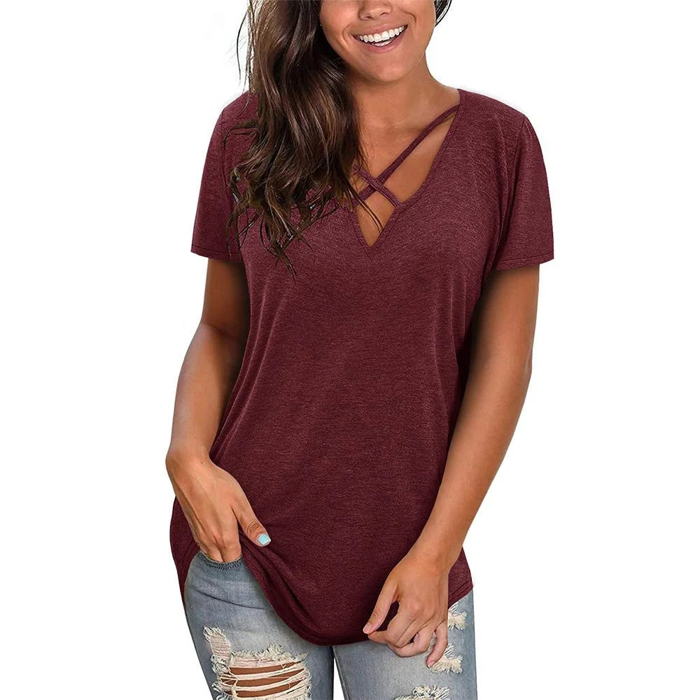 Plus Size Women's T-shirt Fashion Solid Short Sleeve V-Neck T-shirt Top Summer Comfortable Breathable Cross Casual Loose T-shirt