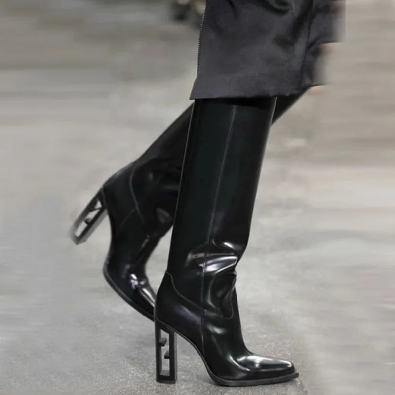 Pointed Toe Leather Knee High Boots