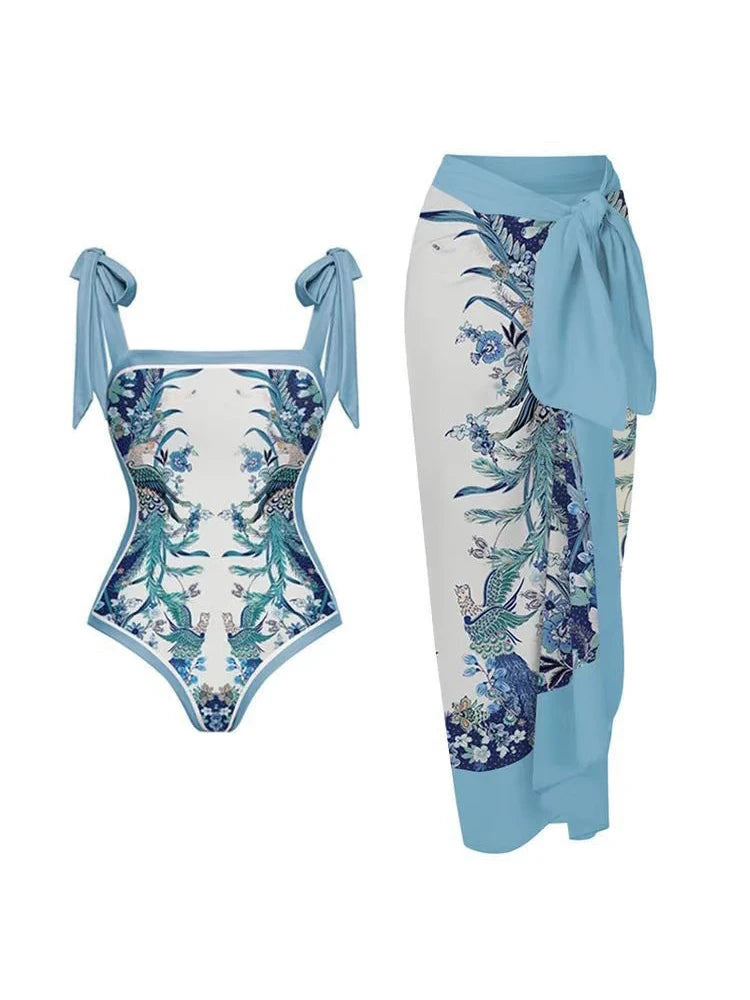 Two Pieces Set Woman Swimsuits 2025 Trend Printed One-piece Swimsuit Sexy Hollowed Out High Waisted Bikini for Beach Vacation