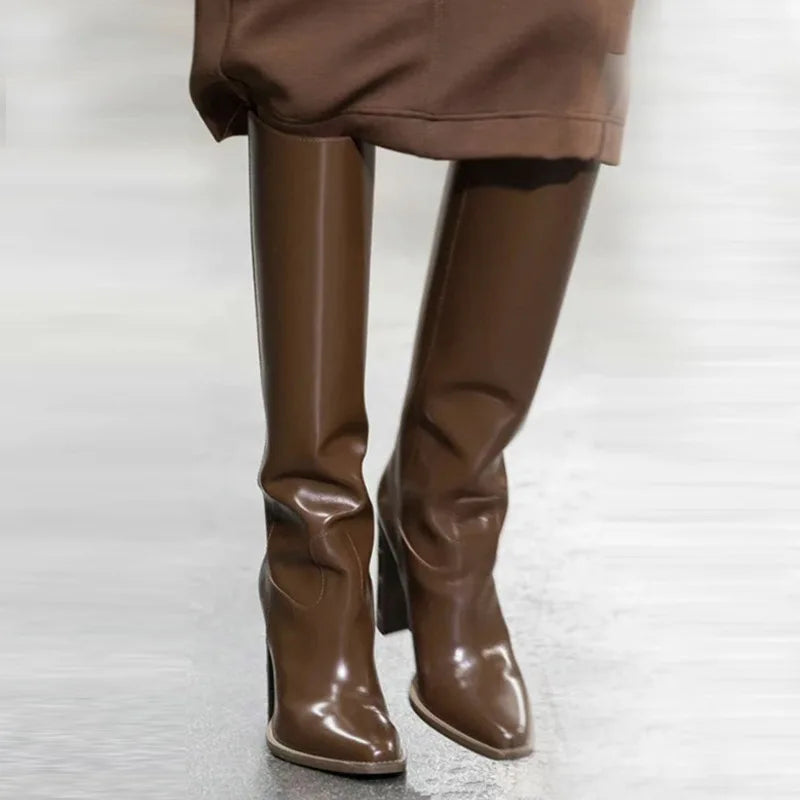 Pointed Toe Leather Knee High Boots