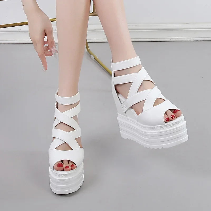 High Heeled Wedge Sandals 13CM Waterproof Platform Muffin Thick Bottom Cross with Fish Mouth Shoes New Inner Increase High Heels