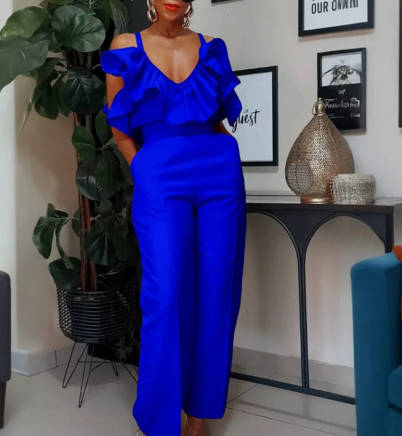 Women Two Pieces Set V Neck Strap Crop Tops Ruffles High Waist Pants Sexy Female Suit Summer Fashion Party New 2025