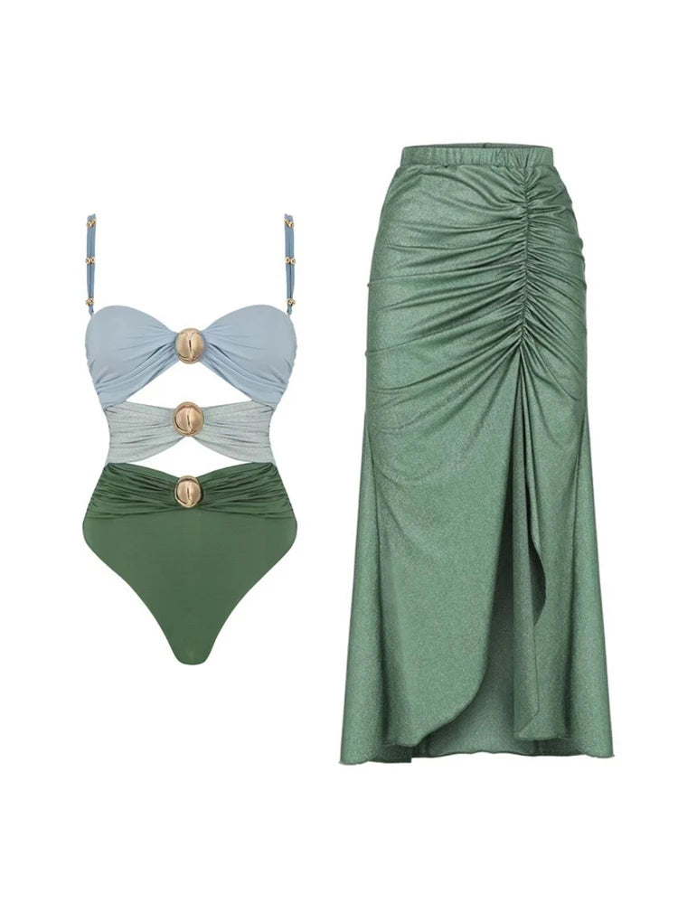 Two Pieces Set Woman Swimsuits 2025 Trend Printed One-piece Swimsuit Sexy Hollowed Out High Waisted Bikini for Beach Vacation