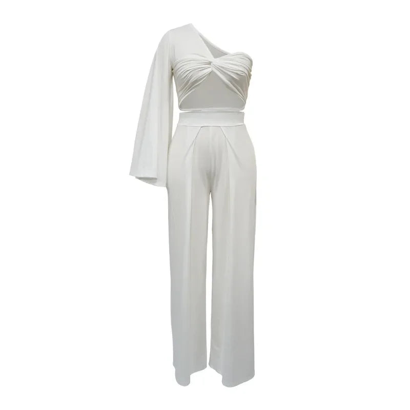 One Shoulder Crop Top & Pants 2 Piece Set