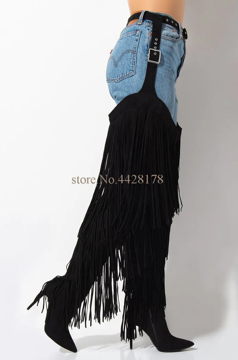 Snakeskin Thigh Long Tassel High Heel Boots