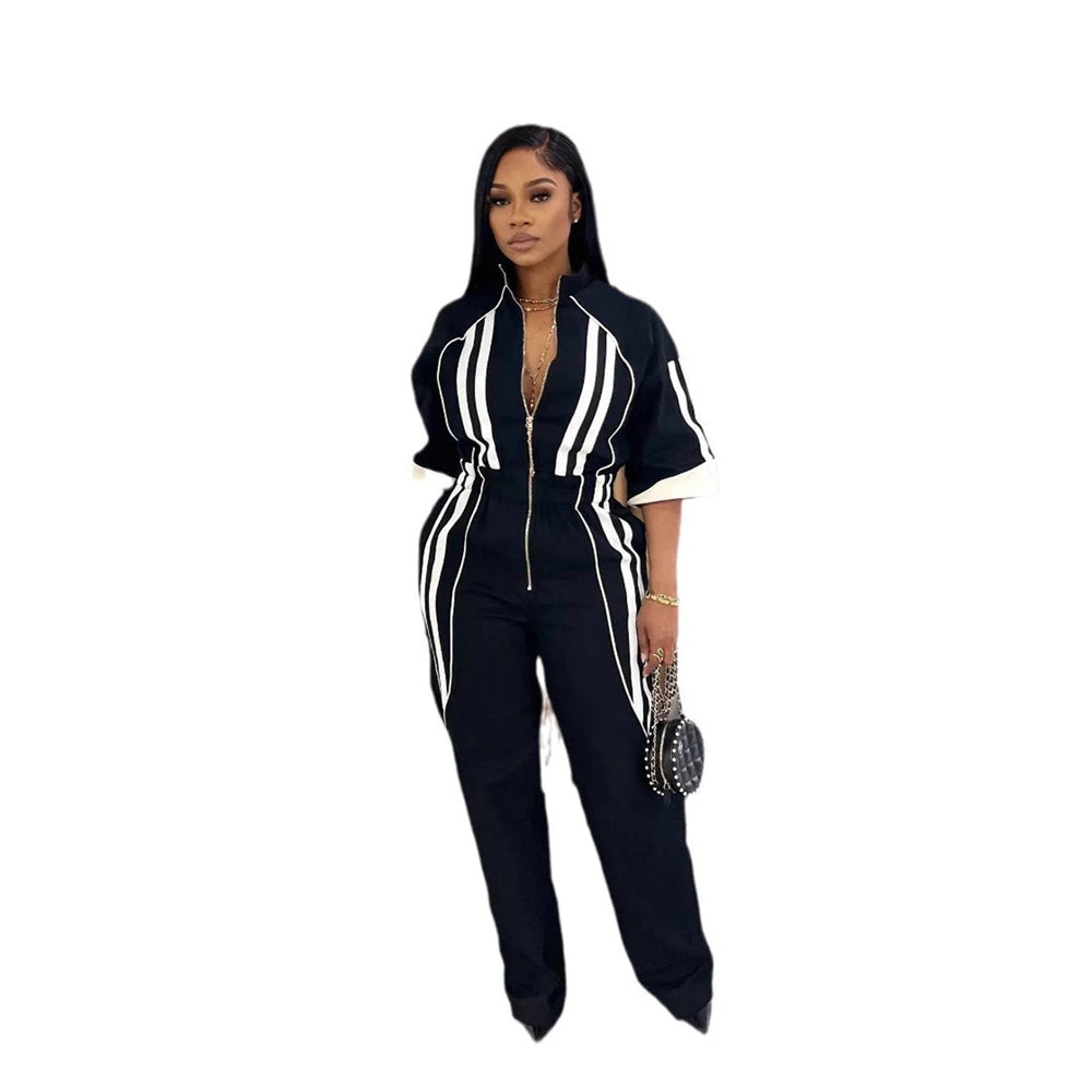 Women Jumpsuits for Spring Half Sleeve Zip Front Stripe Loose Trends Streetwear Overalls Wide Leg Pants Trousers 2025 Summer New