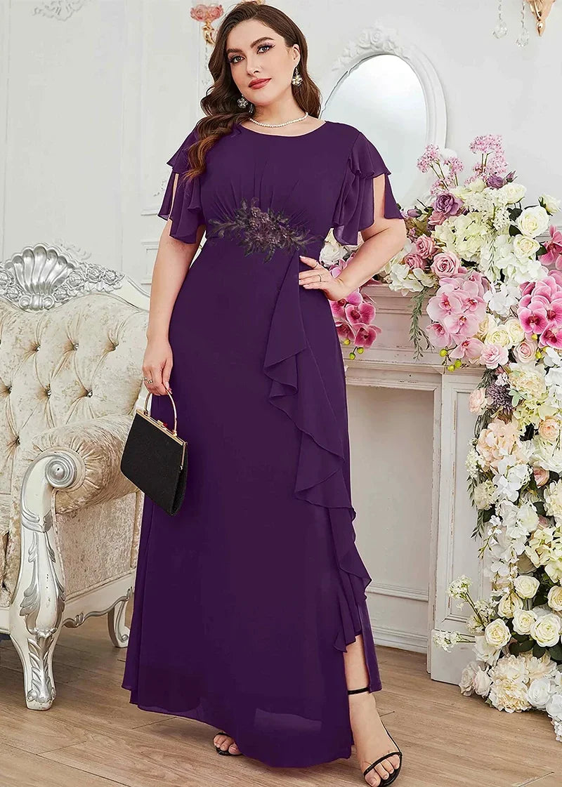 Plus Size Summer Purple Red Chiffon Dress Luxury Wedding Ruffle Applique Plus Size Crew Neck Mixi Dress For Women