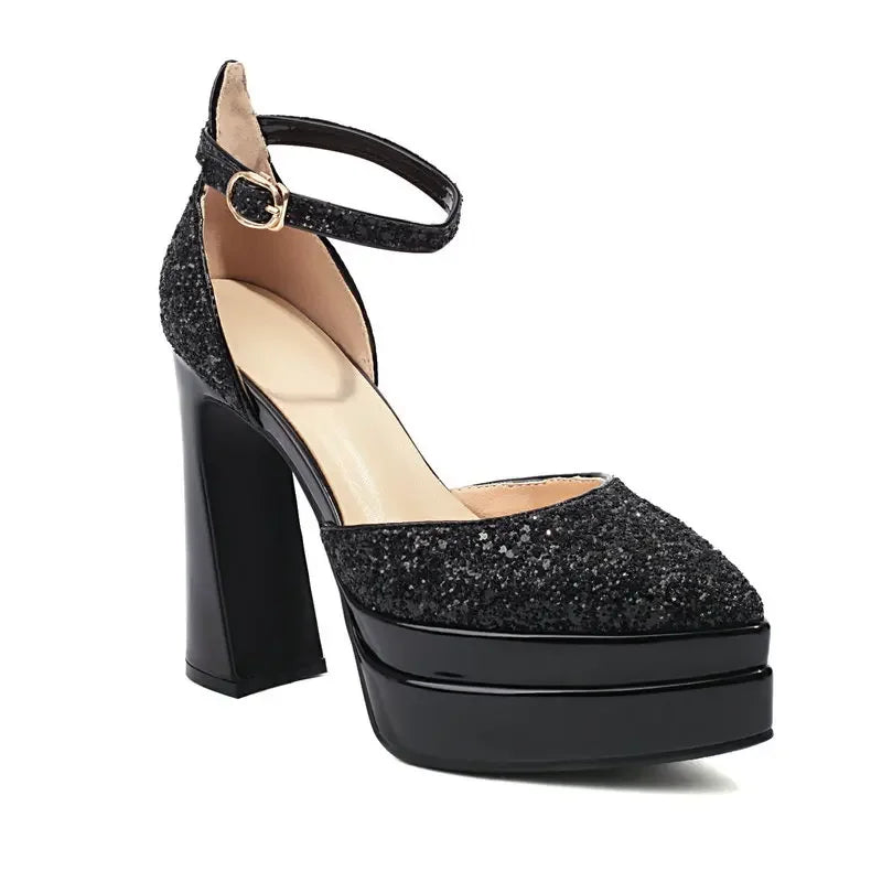 Sequins Glitter Bling Party Bride Shoes Shiny Golden Silver Pointed Toe Platform Mary Janes Summer Thick High Heels Sandals