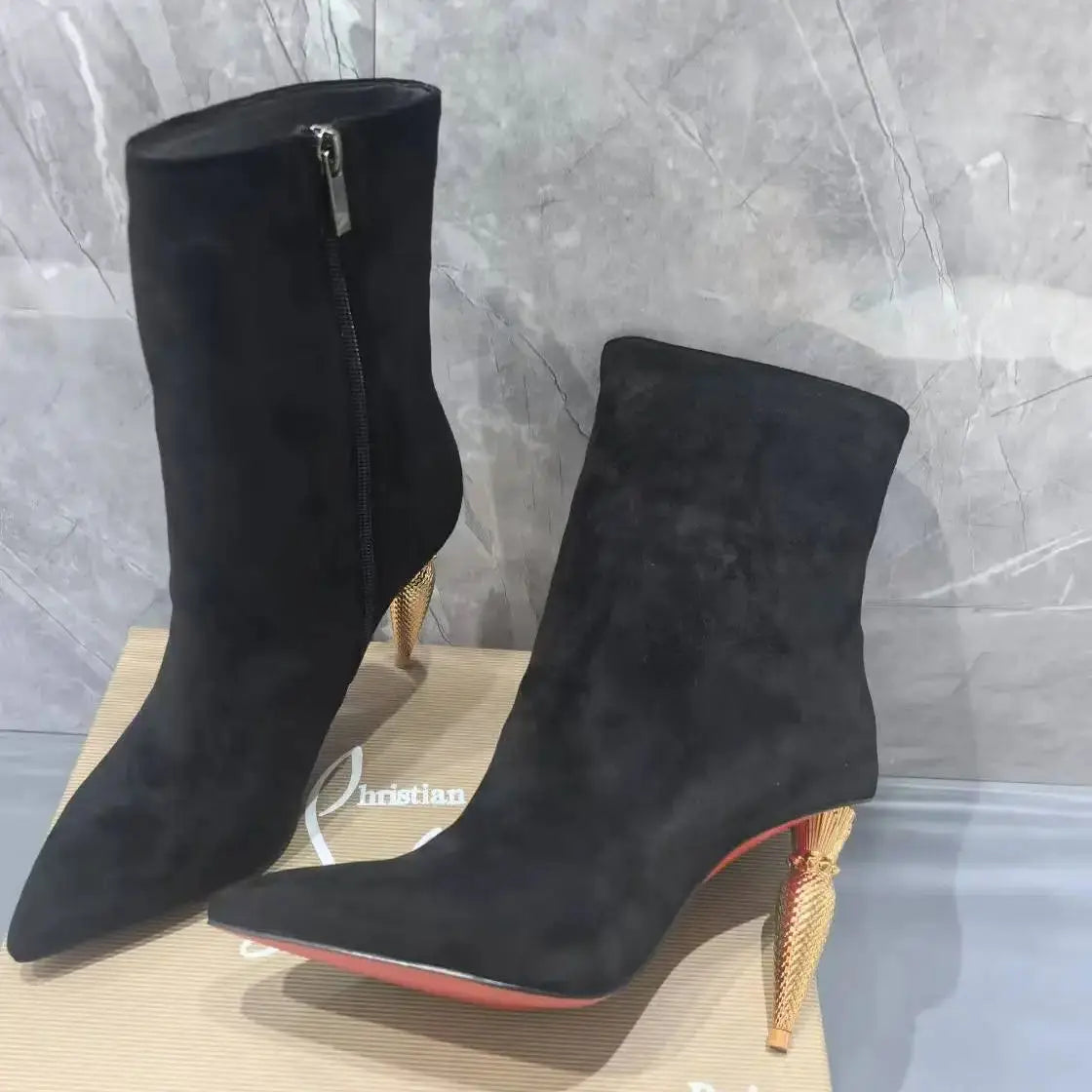 Gold Metal Bullet-Shaped Heel Short Boots For Women Pointed Toe Back Zipper Black Leather Boats Female High Heels Elegant 36-42