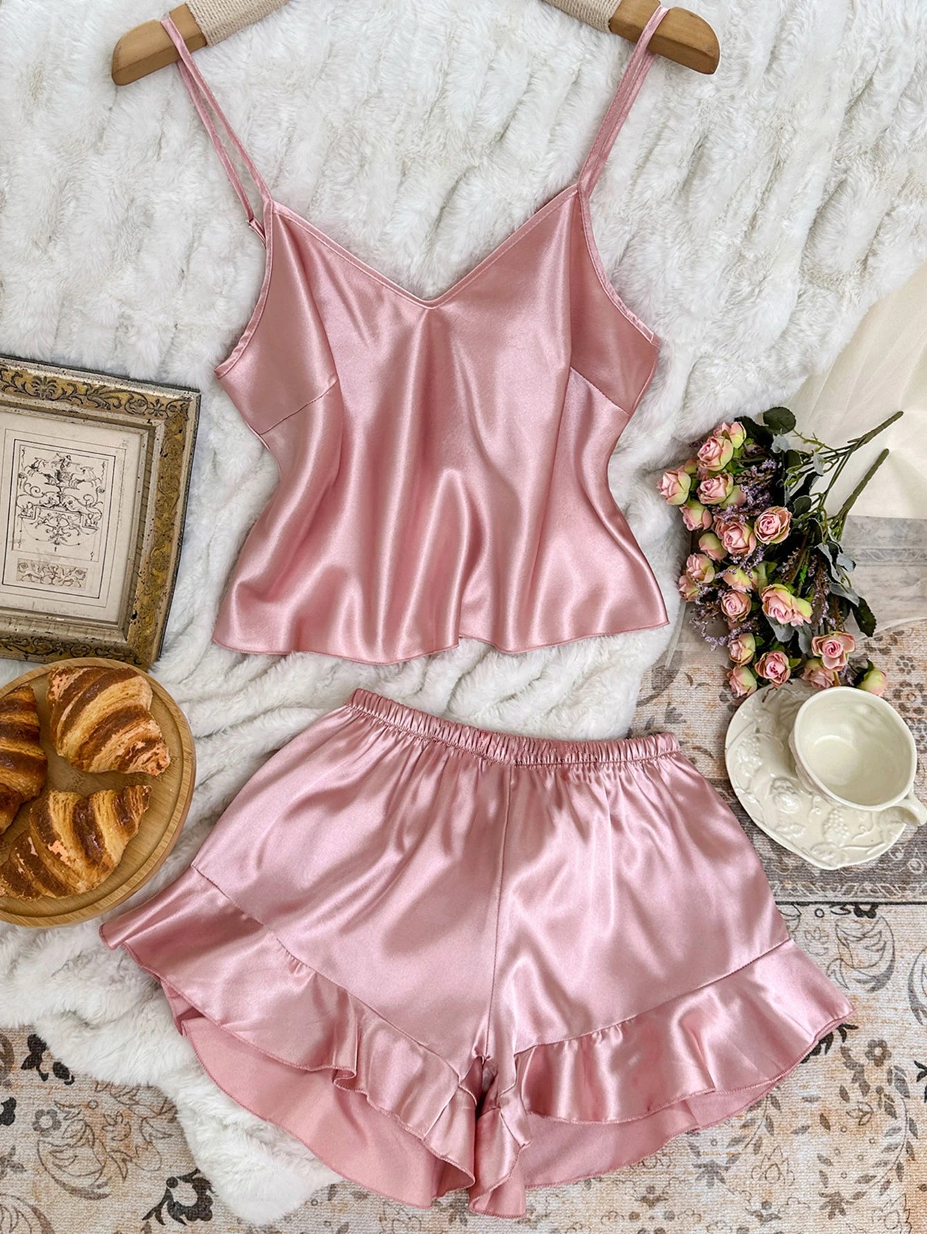 Plus Size Women's Fashion Sexy V-neck halter top with ruffled Shorts Pajama Set 2pcs