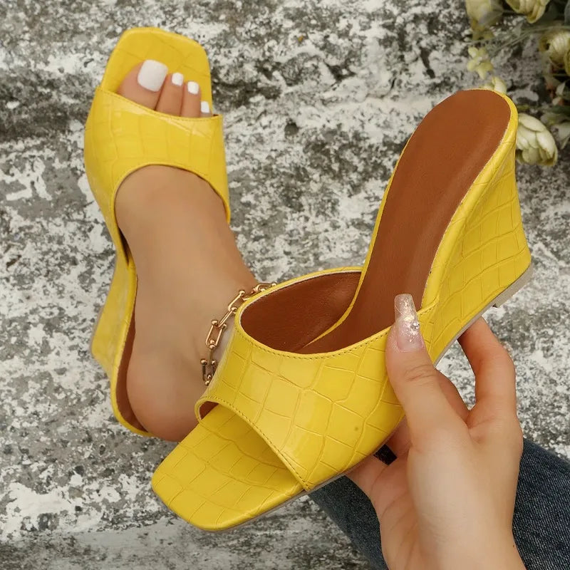 Snake Print Leather Wedge Sandal Slippers