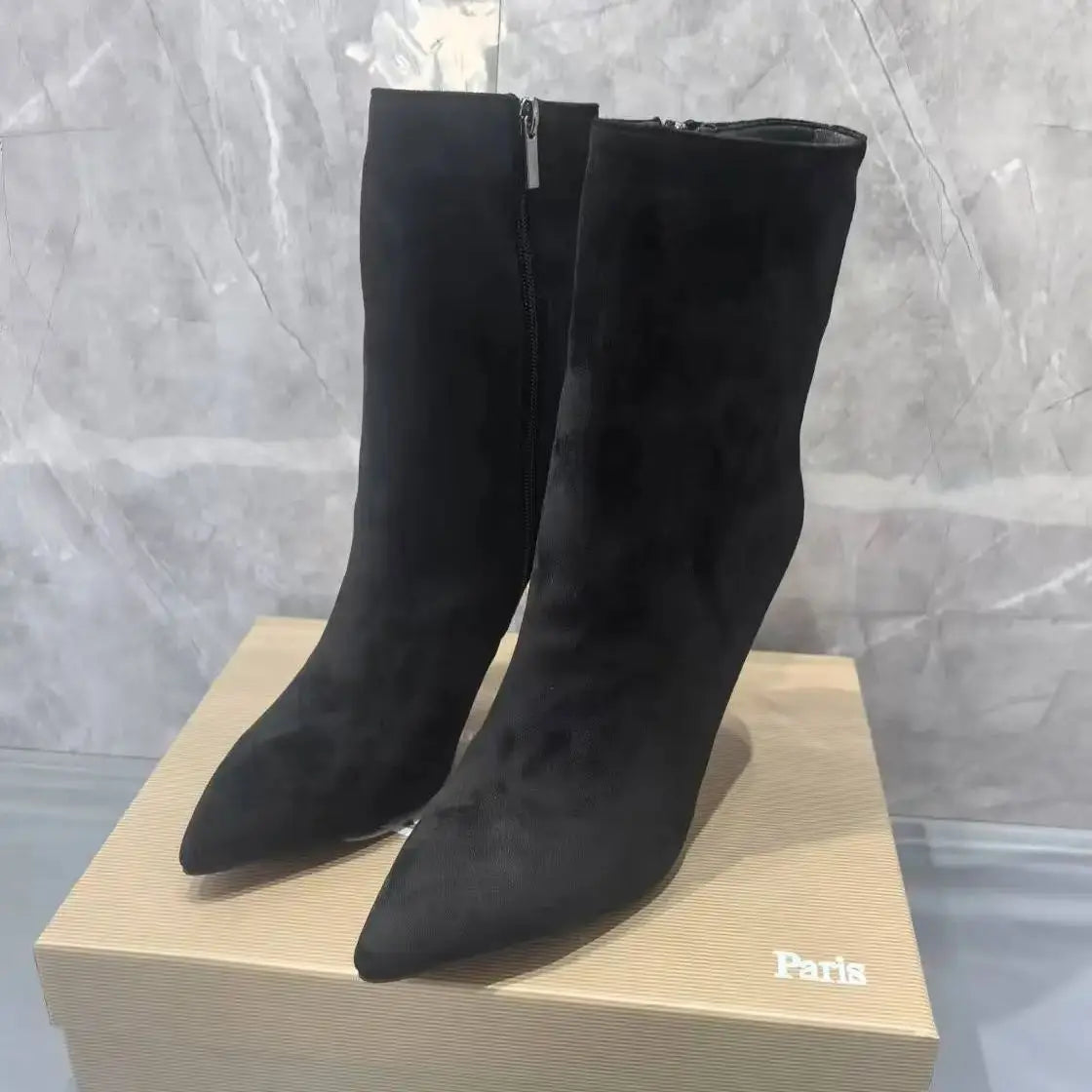 Gold Metal Bullet-Shaped Heel Short Boots For Women Pointed Toe Back Zipper Black Leather Boats Female High Heels Elegant 36-42