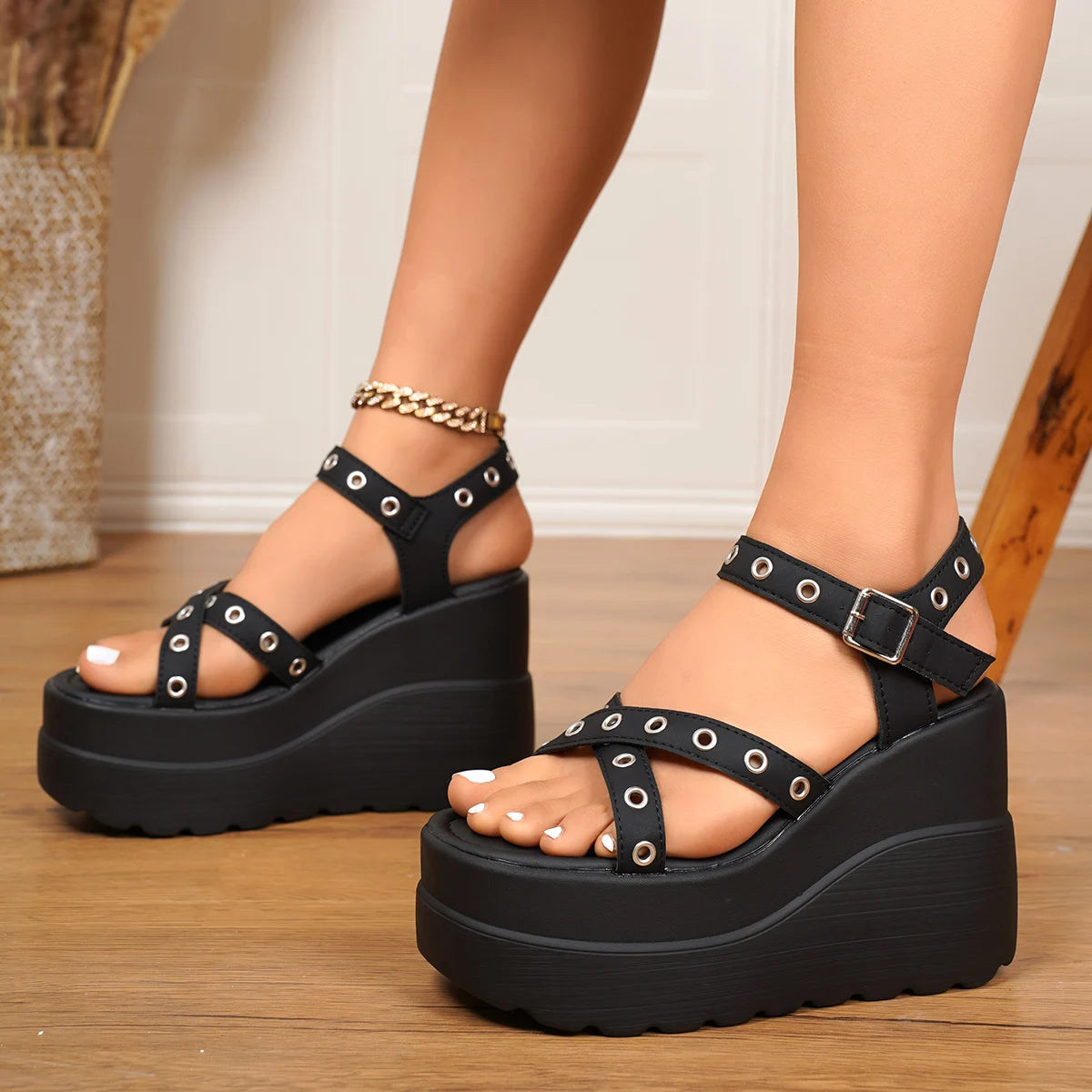 Open Toe Buckle Punk Thick Heel Wedge