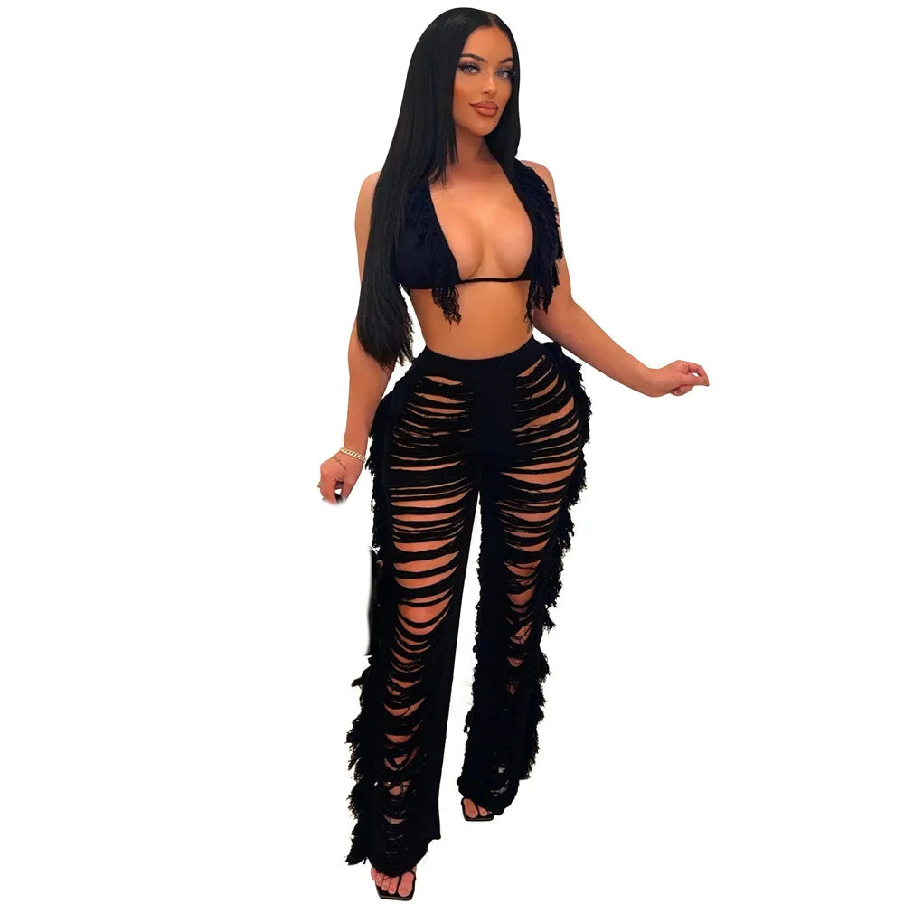 Sexy Bra Crop Top Pants Hollow Out Set